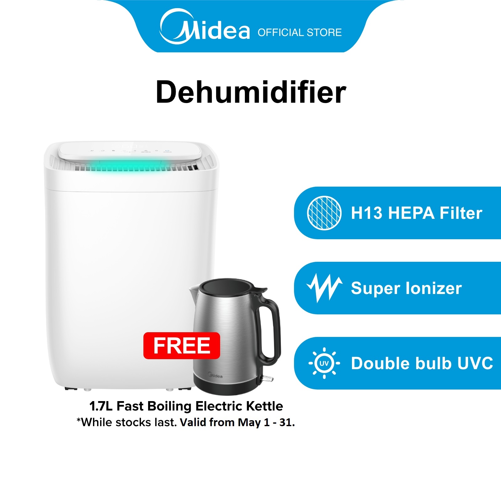 Midea MDDQ1-12DEN7 2-in-1 Dehumidifier + Air Purifier with H13 Hepa Filter and Double bulb UVC Removes up to 99.9% virus, 12L